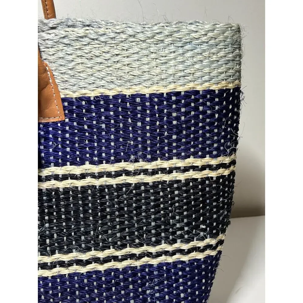 Hatattack Blue Striped Woven Straw Beach Leather Handle Tote Bag Purse Shopper